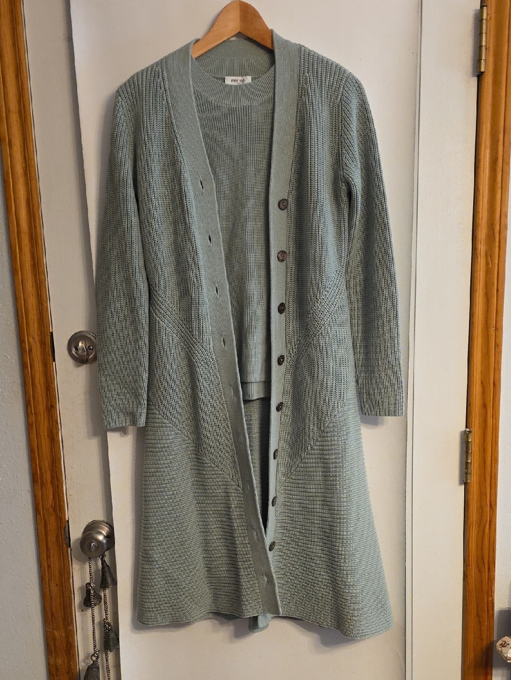 100% Cotton Long Knit Cardigan w/ Shell Buttons & Sleeveless Top Light Green